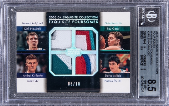 2003-04 UD "Exquisite Collection" Exquisite Foursomes #NGKM Nowitzki/P. Gasol/Kirilenko/Milicic Game Used Patch Card (#06/10) - BGS NM-MT+ 8.5